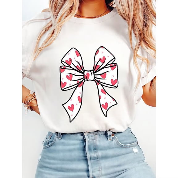 Womens Coquette Heart Bow Print Tshirts Valentine's Day Graphic Tees Short Sleeve Casual Tops Cotton Shirts for Daily Outfits White,S