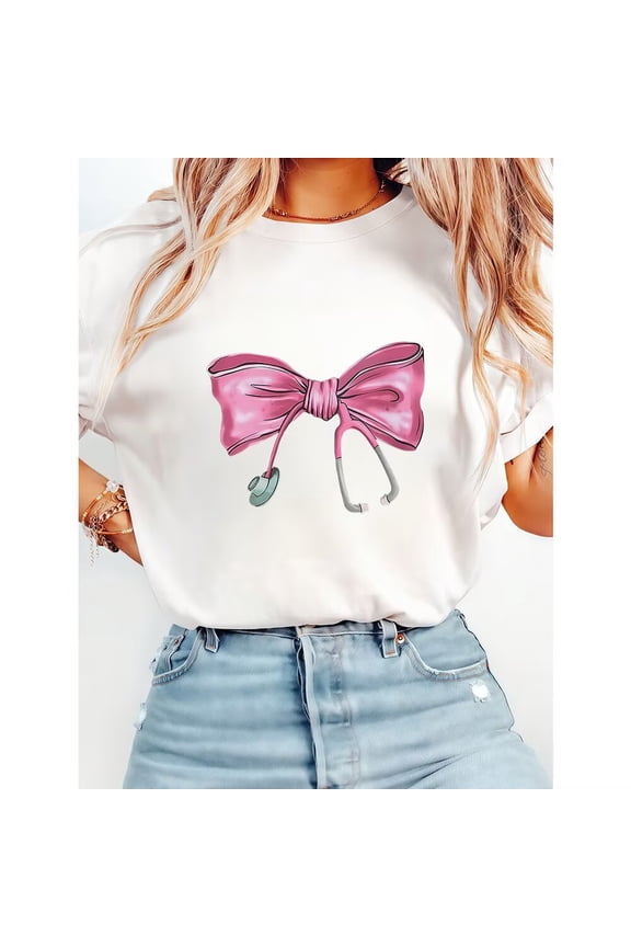 Womens Coquette Nurse Bow Print Tshirts Nurse Ribbon Designs Graphic Tees Short Sleeve Casual Classic Tops Cotton Shirts for Daily Outfits trendy and popular round-neck design is retro White,L