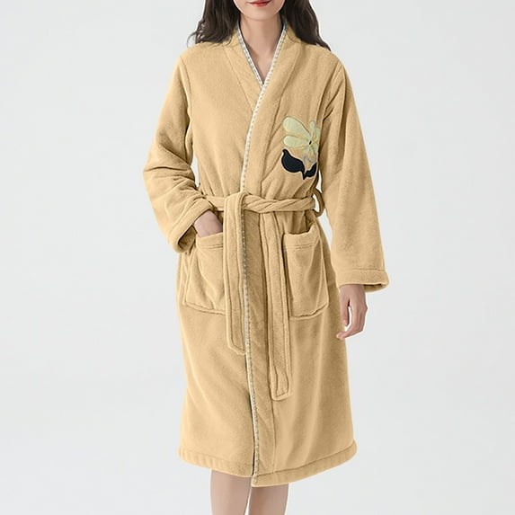 Womens Coral Fleece Hooded Robe Lightweight Plush Soft Housecoat Fast Drying Cozy Spa Robe with Belt Winter Fluffy Warm Bathrobe