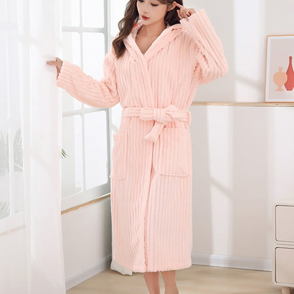 Womens Coral Fleece Hooded Robe Lightweight Plush Soft Housecoat Fast Drying Cozy Spa Robe with Belt Winter Fluffy Warm Bathrobe
