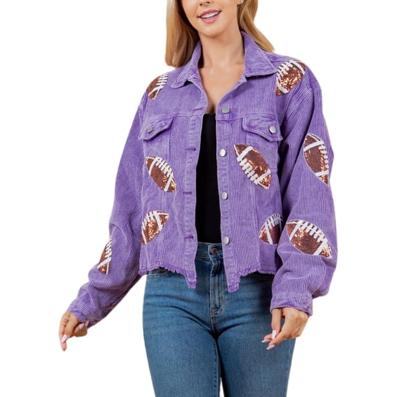 Womens Corduroy And Rugby Sequined Cropped Jacket Vintage Gameday Sequin Patched Jacket Coat