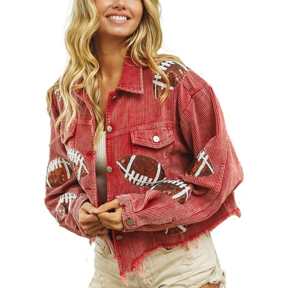 Womens Corduroy And Rugby Sequined Cropped Jacket Vintage Gameday Sequin Patched Jacket Coat
