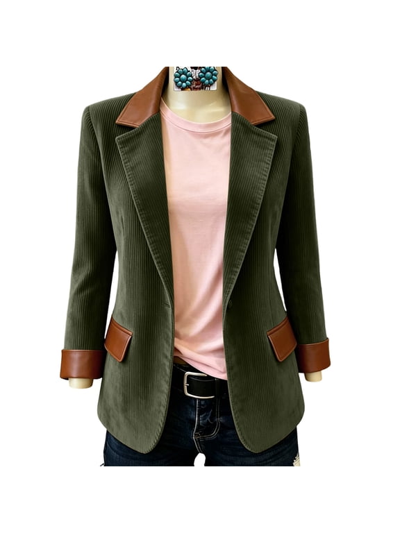 Womens Corduroy Blazer Lapel Collar Faux Leather Trim Blazers One Button Back Split Long Sleeve Suit Jackets Army Green M