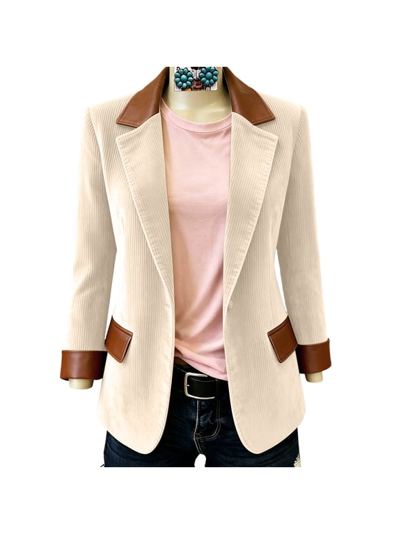 Womens Corduroy Blazer Lapel Collar Faux Leather Trim Blazers One Button Back Split Long Sleeve Suit Jackets Beige S
