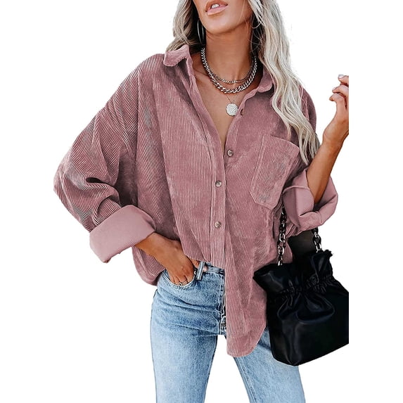 Womens Corduroy Button Down Shacket Casual Long Sleeve Shirt Jacket Oversized Blouses Tops