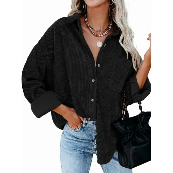 Womens Corduroy Button Down Shirts Boyfriend Long Sleeve Oversized Blouses Tops Black XXXL