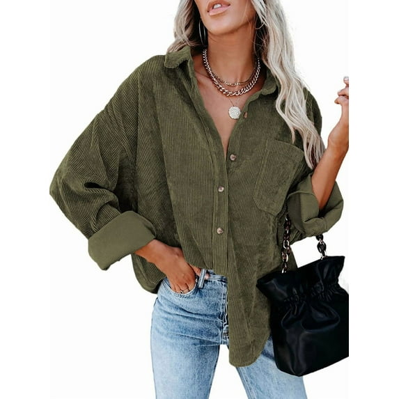 Womens Corduroy Button Down Shirts Boyfriend Long Sleeve Oversized Blouses Tops Green S