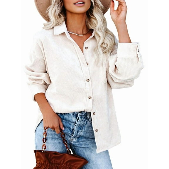 Womens Corduroy Button Down Shirts Boyfriend Long Sleeve Oversized Blouses Tops White M