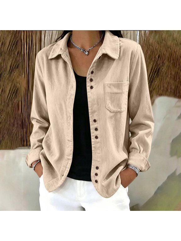 Womens Corduroy Button Down Shirts, Long Sleeve Collared Jacket with Pockets, Casual Loose Fit Flannel Shacket for Fall Winter Work, 2026 New Clearance Sale