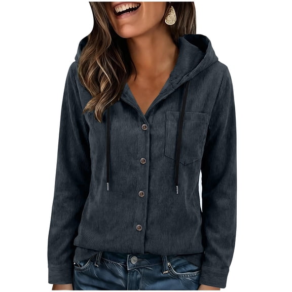 Womens Corduroy Button down Shirt, Long Sleeve Hooded Jacket, Casual Fall Solid Short Hooded Coats