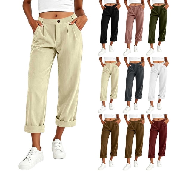 Womens Corduroy Casual Pants, Elastic Waist Solid Sweatpants with Side Pockets, Fall & Street Wear | VerBelle,Army Green L