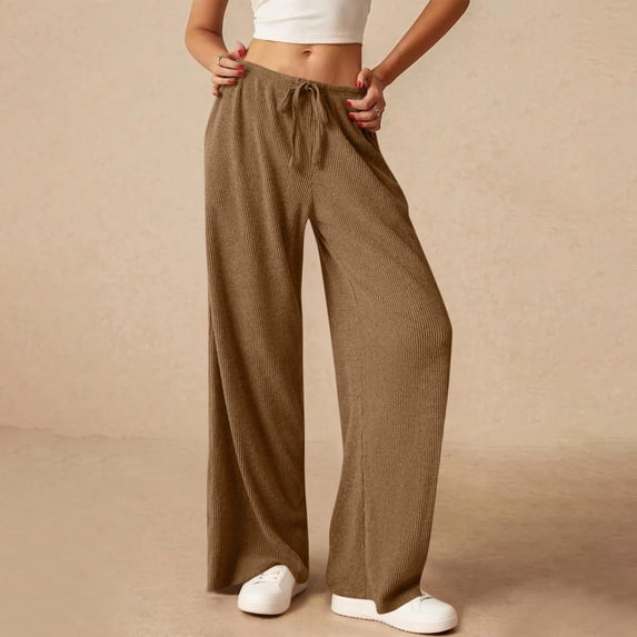Womens Corduroy Casual Pants Fashion Loose Fit Wide Leg Pants Straight Sweatpants Elastic Waist Drawstring Brown M