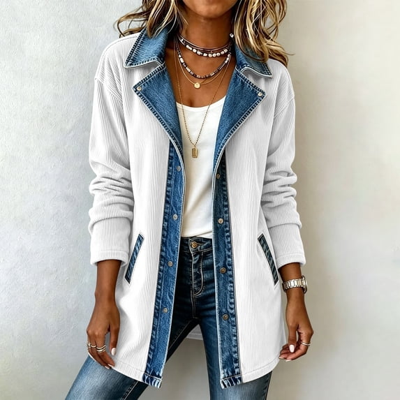 Womens Corduroy Coats Denim Patchwork Lapel Cardigan Casual Loose Button Down Long Sleeve Jacket White XL