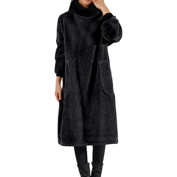 Womens Corduroy Dress High Neck Long Sleeve Flannel Lined Midi Dress Fall Winter Warm Black