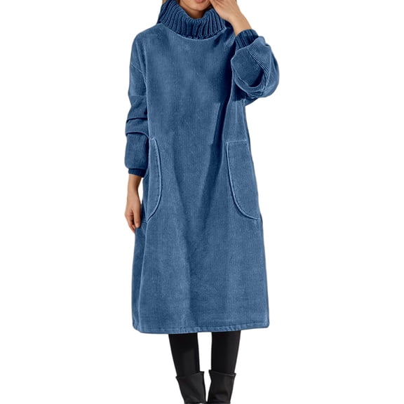 Womens Corduroy Dress High Neck Long Sleeve Flannel Lined Midi Dress Fall Winter Warm Blue