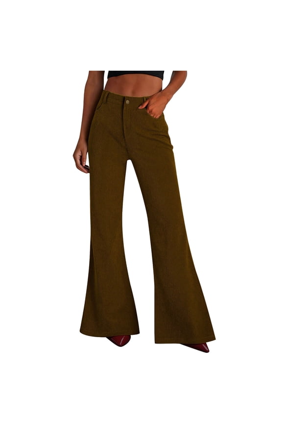 Womens Corduroy Flared Pants High Waist Retro 70s Bootcut Brown Wide Leg Trousers for Fall Winter,Size M