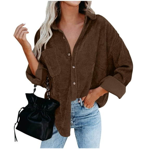 Womens Corduroy Jacket Long Sleeve Button Up Loose Casual Coat with Pockets Casual Outerwear Jackets for Women Fashion Solid Color Lightweight Lapel Top