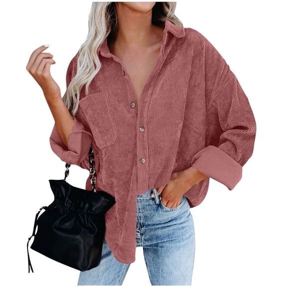 Womens Corduroy Jacket Long Sleeve Button Up Loose Casual Coat with Pockets Casual Outerwear Jackets for Women Fashion Solid Color Lightweight Lapel Top
