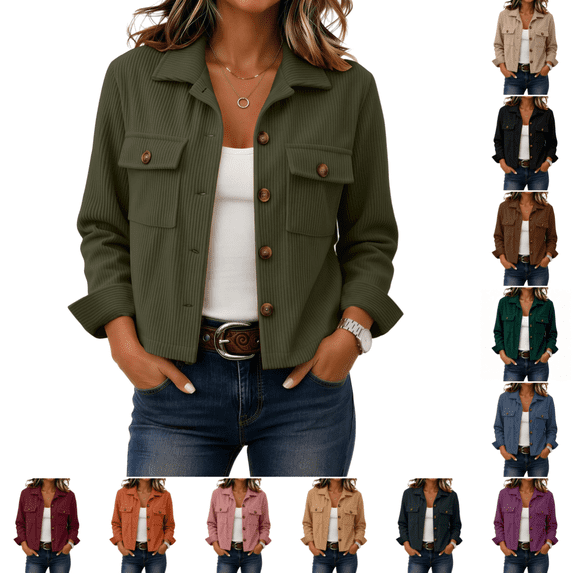 Womens Corduroy Jacket Stylish Casual Cropped Shacket Jackets Spring Fall Comfortable Long Sleeve Button Down Coats Army Green M