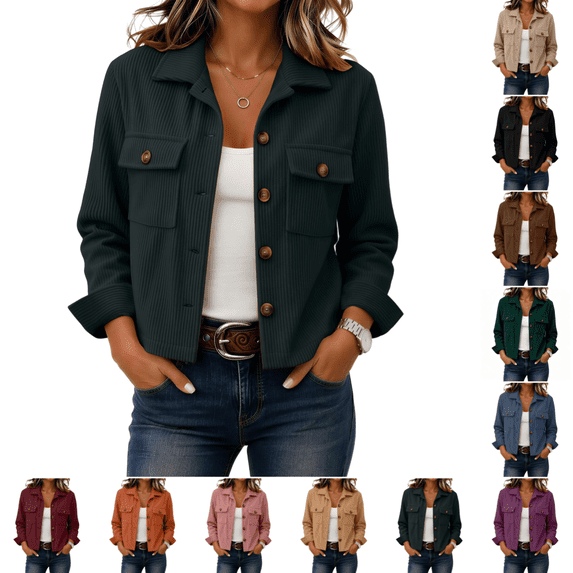 Womens Corduroy Jacket Stylish Casual Cropped Shacket Jackets Spring Fall Comfortable Long Sleeve Button Down Coats Dark Gray M