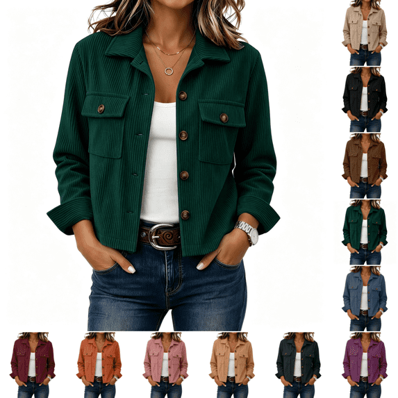Womens Corduroy Jacket Stylish Casual Cropped Shacket Jackets Spring Fall Comfortable Long Sleeve Button Down Coats Dark Green L