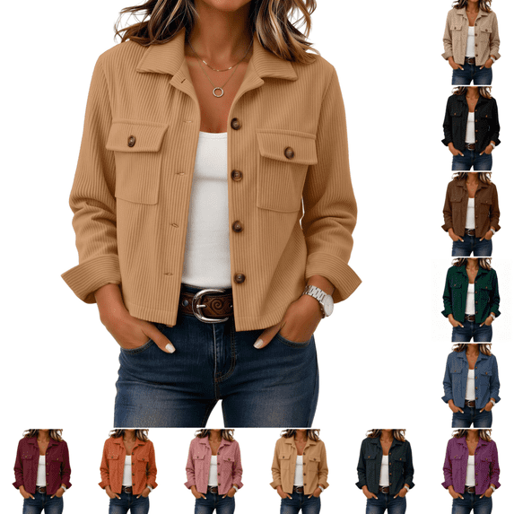 Womens Corduroy Jacket Stylish Casual Cropped Shacket Jackets Spring Fall Comfortable Long Sleeve Button Down Coats Khaki 2XL