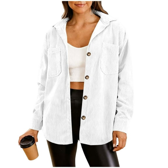 Womens Corduroy Jackets Button Up Lapel Collar Chest Pockets Loose Casual Fall Spring Outerwear Coat Long Sleeve (S, White)
