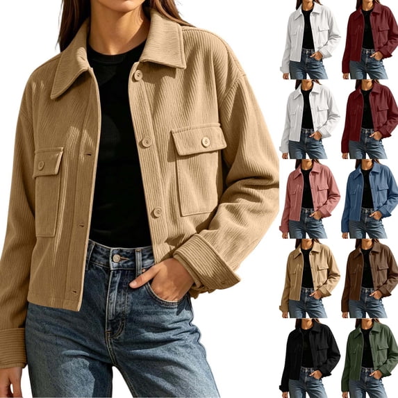 Womens Corduroy Jackets, Lapel Collar Long Sleeve Button up Outerwear with Pockets, Casual Street Style, Fall Winter Outdoor Wear | VerBelle,Blue XL