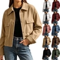 thumbnail image 1 of Womens Corduroy Jackets, Lapel Collar Long Sleeve Button up Outerwear with Pockets, Casual Street Style, Fall Winter Outdoor Wear | VerBelle,Pink S, 1 of 9