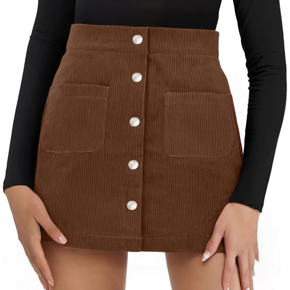 Womens Corduroy Mini Skirt High Waisted Basic Casual A-line Short Fall Winter Skirts Front Button Closure