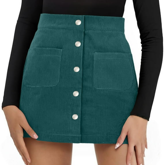 Womens Corduroy Mini Skirt High Waisted Basic Casual A-line Short Fall Winter Skirts Front Button Closure