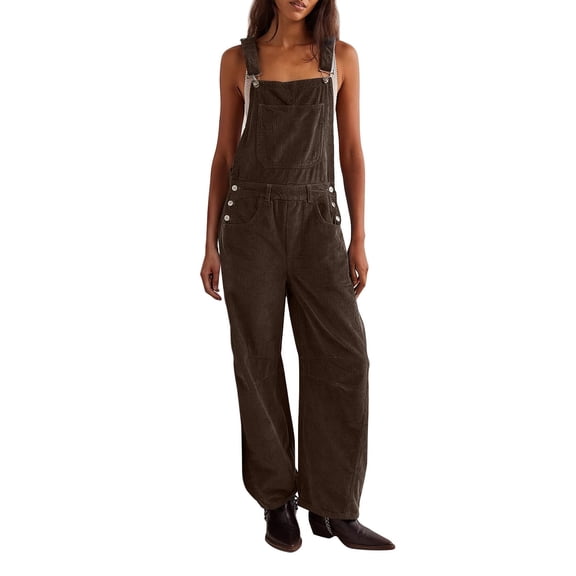 Womens Corduroy Overalls Loose Wide Leg Jumpsuit Adjustable Strap Bib Romper Pants with Pockets