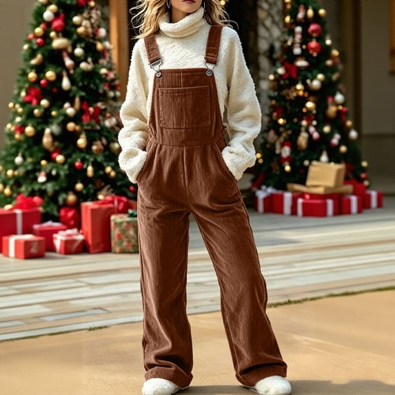 Womens Corduroy Overalls, Straight Leg Jumpsuit with Front Pocket and Side Pockets, Casual Pants for Outdoor and Walking | VerBelle,Brown M