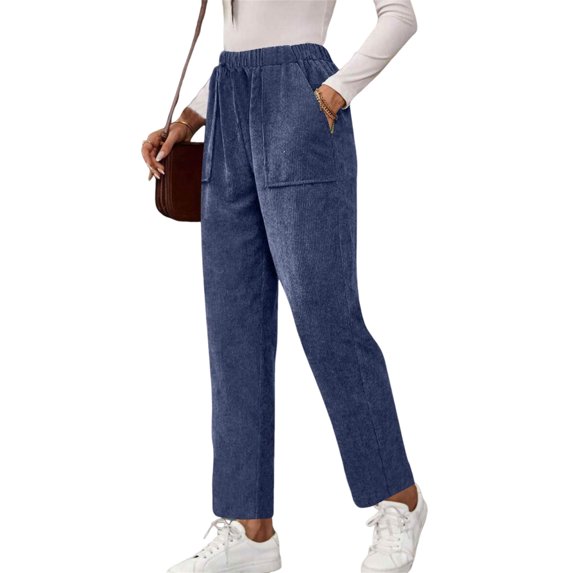 Womens Corduroy Pants Casual Elastic High Waisted Straight Leg Pull On Trousers Loose Comfy Cotton Slacks with Pockets Blue L