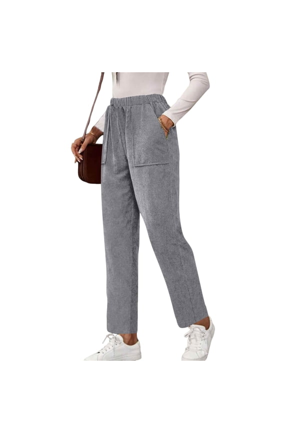 Womens Corduroy Pants Casual Elastic High Waisted Straight Leg Pull On Trousers Loose Comfy Cotton Slacks with Pockets Gray L