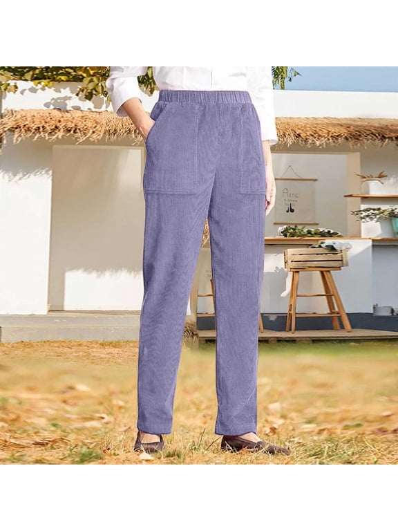 Womens Corduroy Pants Casual Elastic Waist Straight Leg Pants Fall Winter Comfy Trousers with Pockets New Work Pants Women High Waisted Purple L