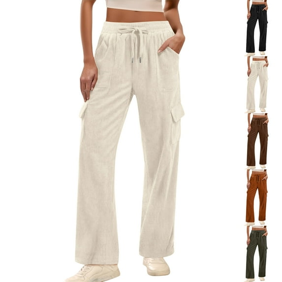 Womens Corduroy Pants Casual High Waisted Elastic Drawstring Cargo Loose Fit Wide Leg Pants with Pockets Black XL