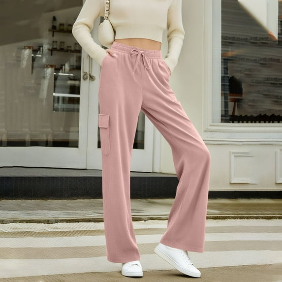 Womens Corduroy Pants Casual High Waisted Elastic Drawstring Cargo Loose Fitted Wide Leg Trousers with Pockets New Casual Pants for Women Loose Fitted Pinky XXL