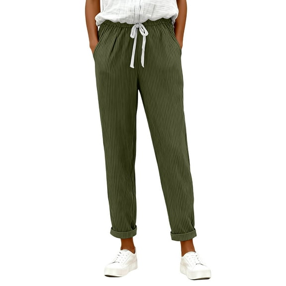 Womens Corduroy Pants Elastic High Waist Straight Leg Pants Casual Comfy Lightweight Cotton Baggy Trousers w/Pockets Army Green 2XL