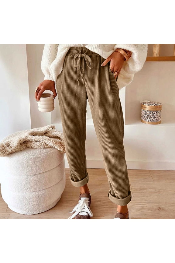 Womens Corduroy Pants Elastic Waist Drawstring Vintage Straight Leg Pants Casual Loose Work Trousers with Pockets New Black XXL