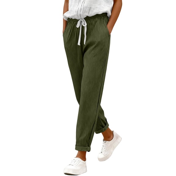 Womens Corduroy Pants Elastic Waist Straight Leg Casual Lounge Trousers with Pockets Army Green L