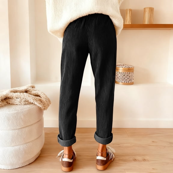 Womens Corduroy Pants High Waist Straight Leg Casual Fall Trousers with Pockets Black L