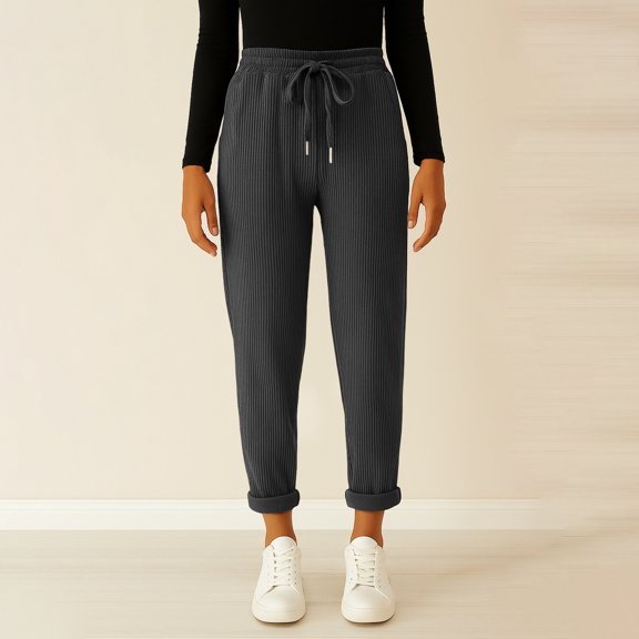 Womens Corduroy Pants High Waist Straight Leg Casual Fall Trousers with Pockets Gray S