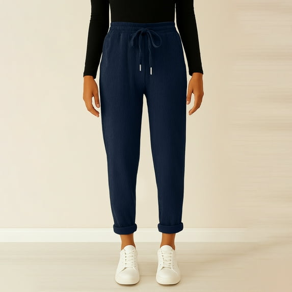 Womens Corduroy Pants High Waist Straight Leg Casual Fall Trousers with Pockets Navy L