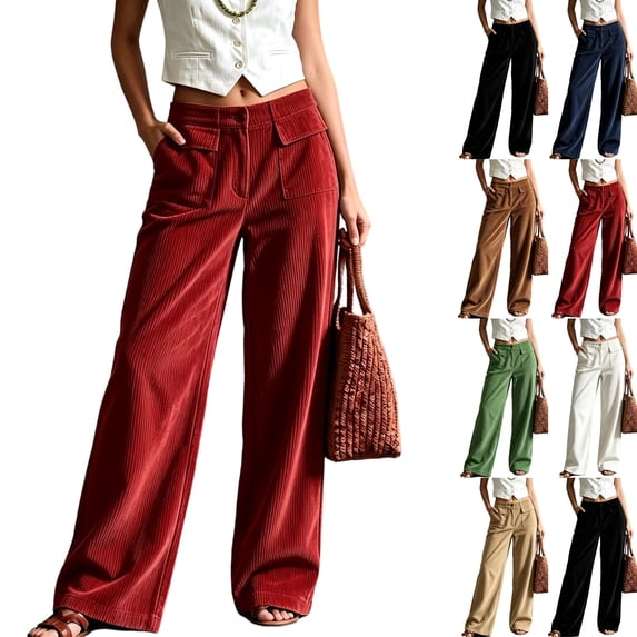 Womens Corduroy Pants Wide Leg High Waist Casual Fall Trousers with Deep Front Utility Pockets| Casual Wide Leg Corduroy Pants for Women, Traveling and Daily Outdoor Activities Red S