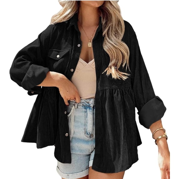 Womens Corduroy Peplum Shirts Tops Cute Long Sleeve Button Down Blouses with Pockets