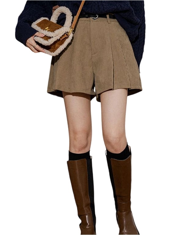 Womens Corduroy Pleated Casual Wide Leg Shorts for Women High Waist Comfortable Summer Bottoms Khaki L