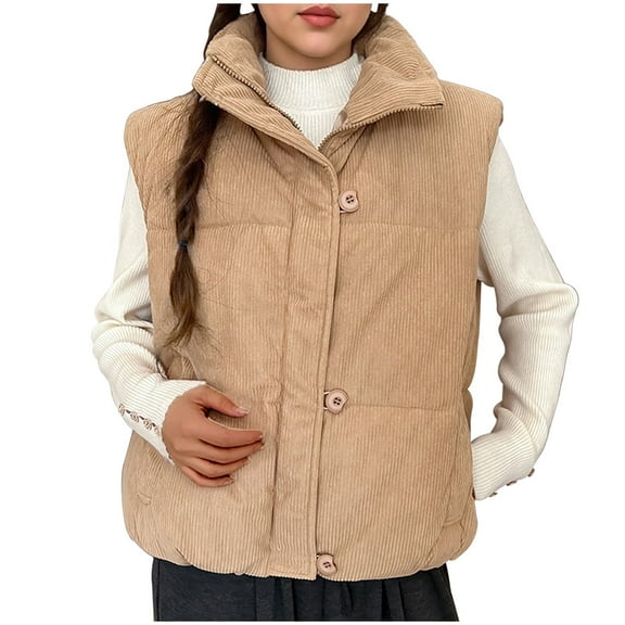 Womens Corduroy Puffer Vest Zip-Up Stand Collar Warm Padded Gilet Sleeveless Snap Zipper Lightweight Jacket Khaki, M
