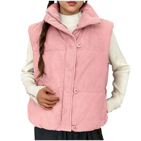 Womens Corduroy Puffer Vest Zip-Up Stand Collar Warm Padded Gilet Sleeveless Snap Zipper Lightweight Jacket Pink, M