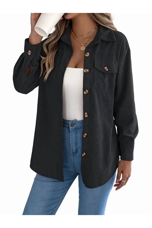 Womens Corduroy Shacket Blouses Button Down Shirts Pocket Long Sleeves Tops Jacket Coats Black XL